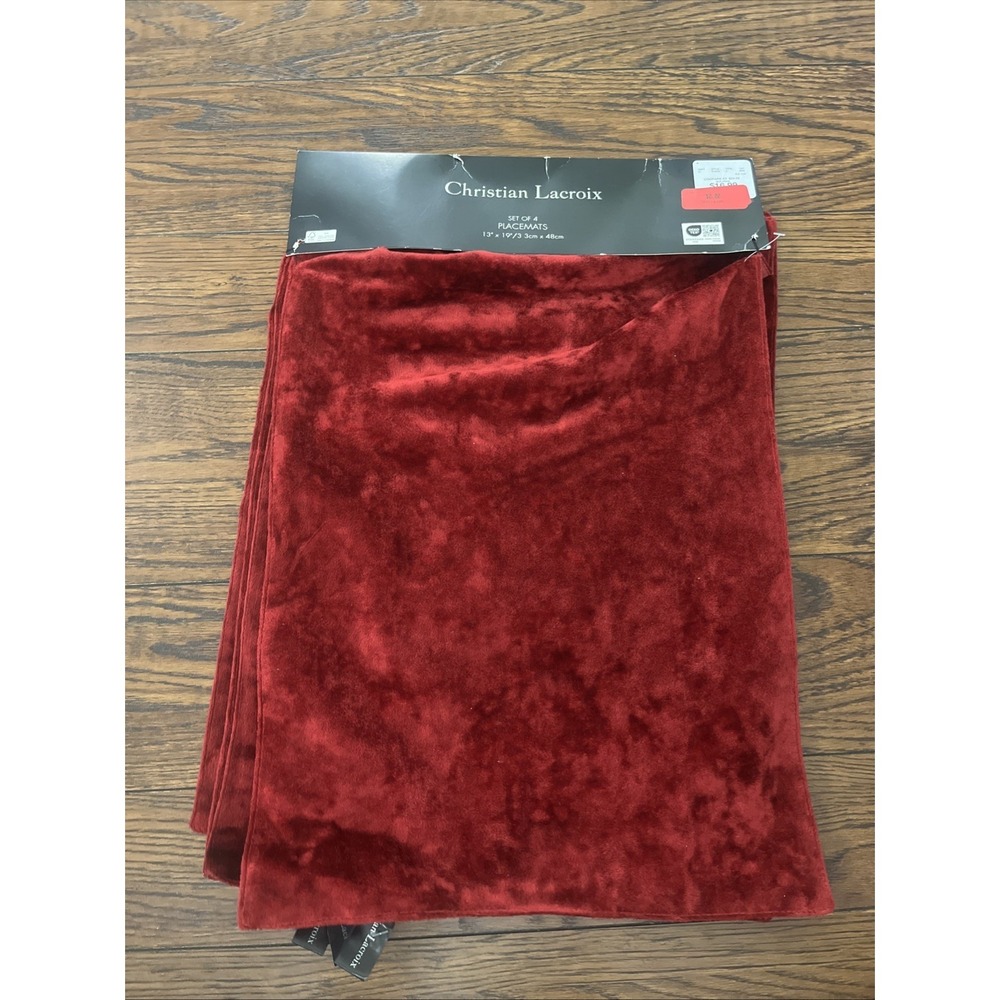 CHRISTIAN LACROIX PLACEMATS (4) RED CRUSHED VELVET 13 X 19 100% POLYESTER NIP